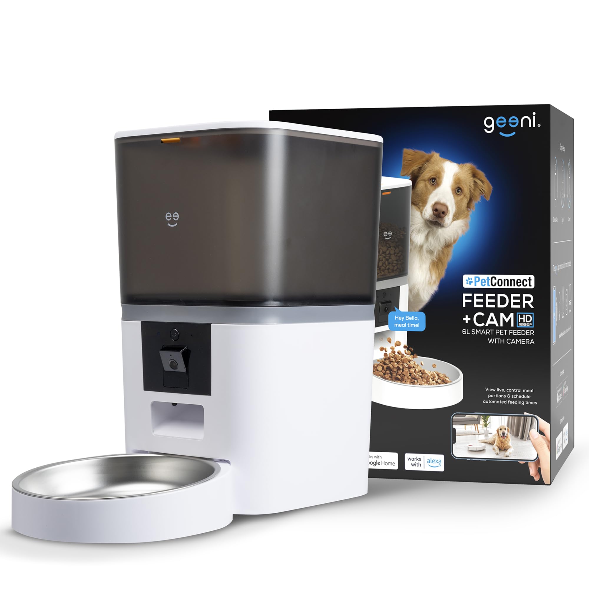 Geeni 6L Smart Pet Feeder - Automatic Cat and Dog Food Dispenser, WiFi Control, Voice Recorder, Battery Backup, Large Capacity, Portion Control - White