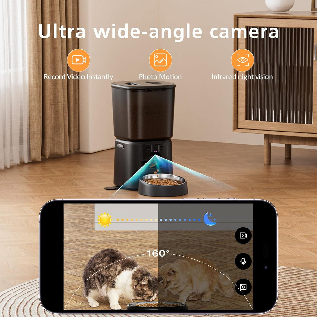 Automatic Cat Feeder with Camera, 4L WiFi Smart Pet Feeder with APP Control, 1080P HD Video,Night Vision,Voice Call, Motion Detection, Dual Power Supply, Supports 5GHz/2.4GHz,for Dogs Cats, Small-Pet