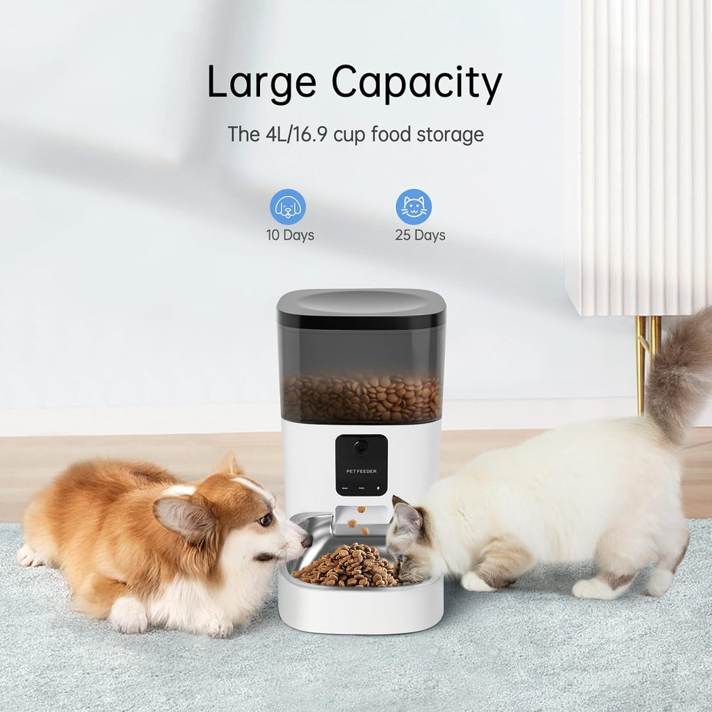 Automatic Cat Feeder with Camera, 4L Smart WiFi Pet Feeder for Cats & Small Dogs, 1080P HD Video, App Control, 2-Way Audio, Night Vision, Timed Dry Food Dispenser (2.4GHz Wi-Fi only, No Suscription)