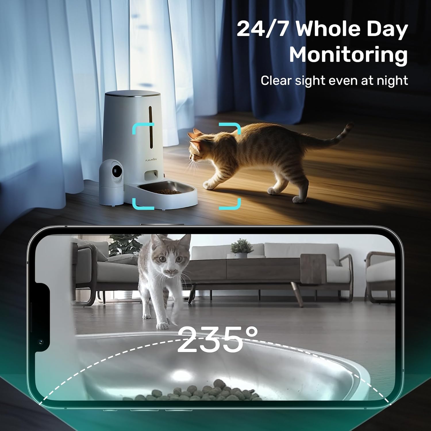 FUKUMARU Automatic Cat Feeder with Rotating Camera,1080P HD Video with Night Vision, 5G WiFi APP Control Pet Feeder, 2-Way Audio, Low Food, Motion & Sound Alerts