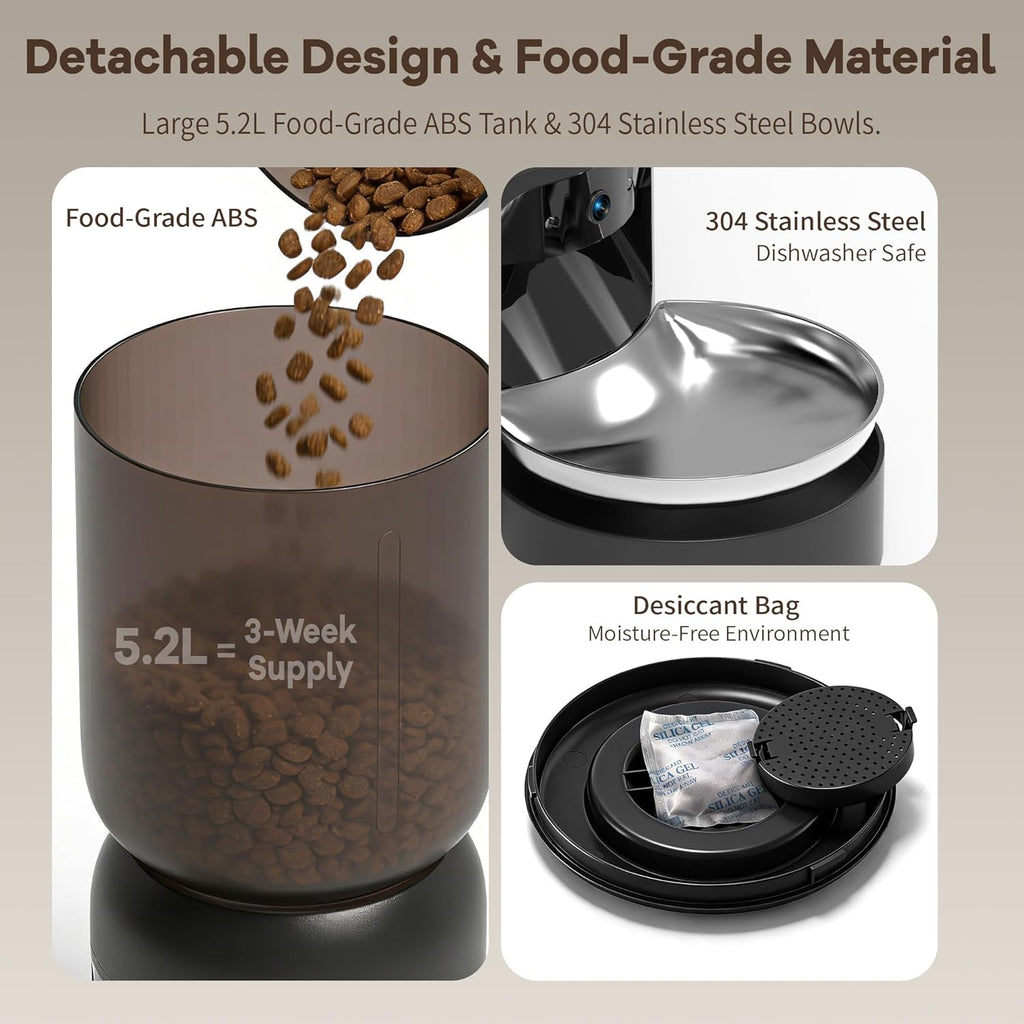Automatic Cat Feeder with Camera, 5.2L Smart Cat Food Dispenser for Multi-Pet Homes, 170° Wide Angle Night Vision Auto Cat Feeder for Cats and Dogs, 5G WiFi App Remote Control for Busy Families, White