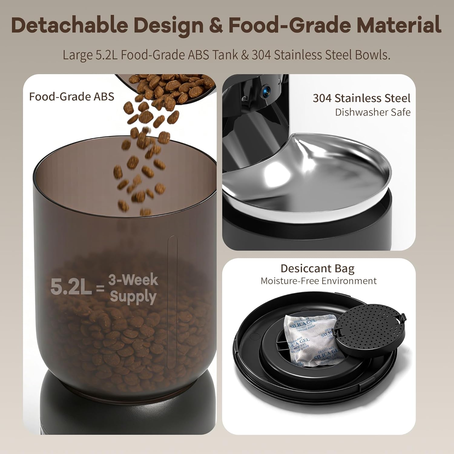 Automatic Cat Feeder with Camera, 5.2L Smart Cat Food Dispenser for Multi-Pet Homes, 170° Wide Angle Night Vision Auto Cat Feeder for Cats and Dogs, 5G WiFi App Remote Control for Busy Families, White