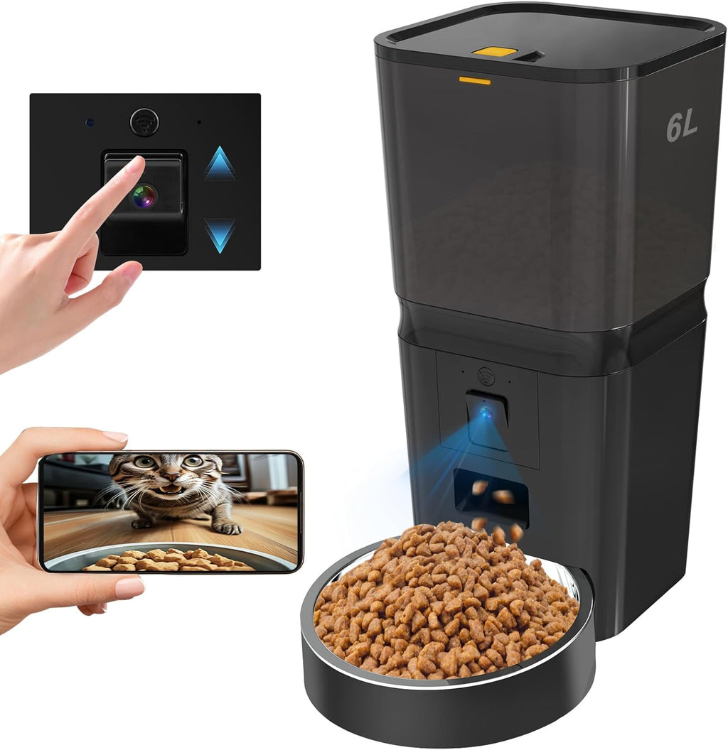 Automatic Cat & Dog Feeder with Camera, 6L Smart WiFi Pet Food Dispenser for Small Pets & Multi-Cat Homes - Timed Feeding App, Battery Backup, Voice Recorder, Night Vision & Portion Control