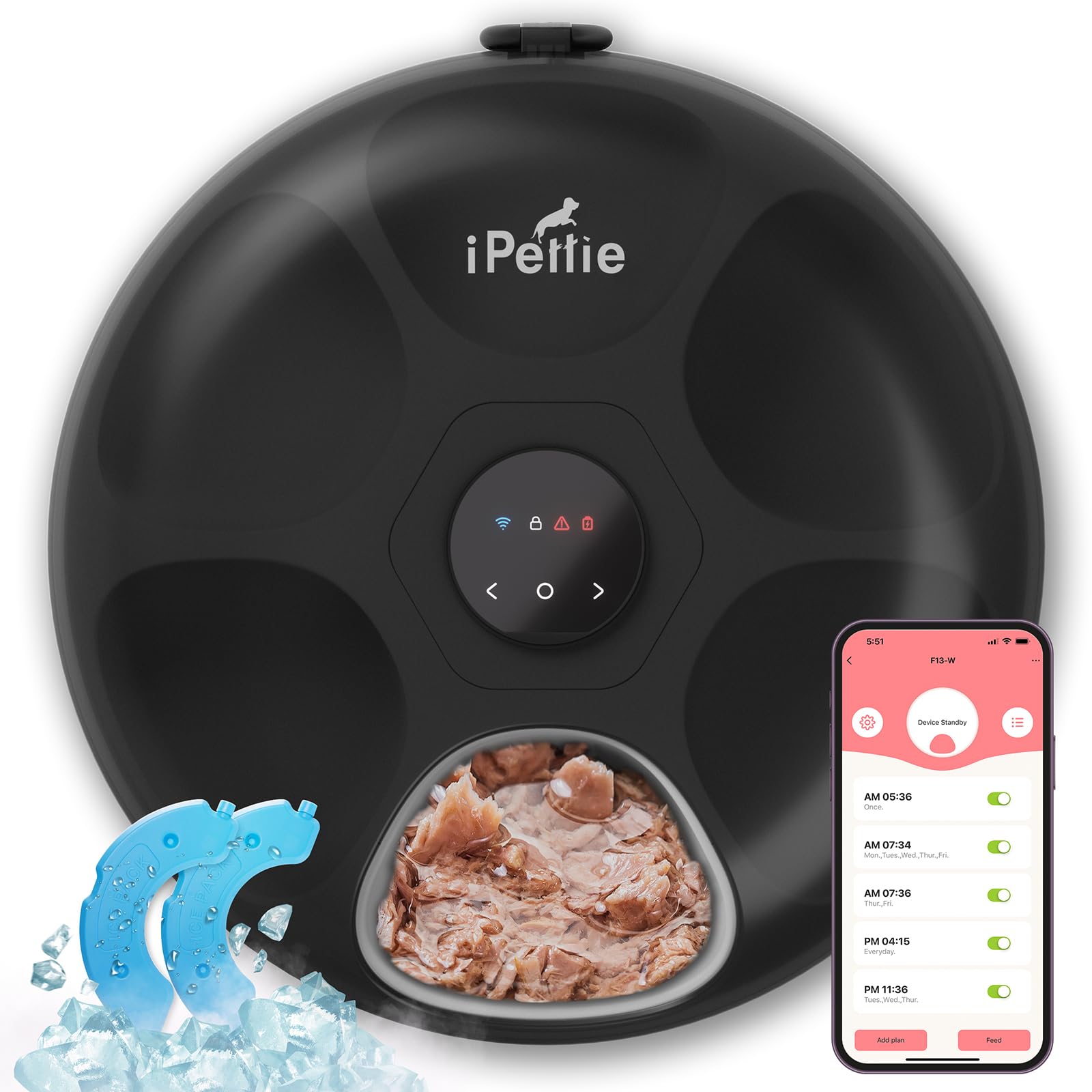 iPettie Donut Frost WiFi 6 Meal Automatic Cat Dispenser with App Control, Dry & Wet Food Automatic Cat Feeder, Smart Dog Feeder with Two Ice Packs, Programmable Timer, Holds 6 x ½ lb. of Food
