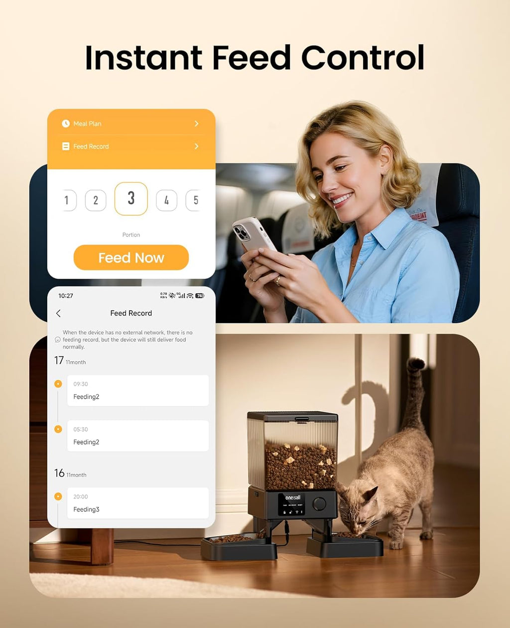 oneisall Automatic Cat Feeder with 5G WiFi, Automatic Cat Food Dispenser for 2 Cats Small Pets, 20 Cups/5L Timed Dry Food Dispenser with App Control