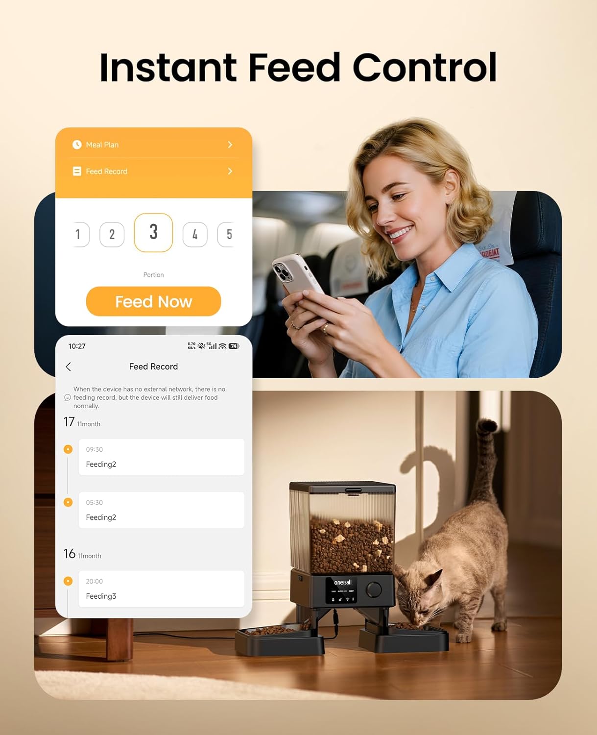 oneisall Automatic Cat Feeder with 5G WiFi, Automatic Cat Food Dispenser for 2 Cats Small Pets, 20 Cups/5L Timed Dry Food Dispenser with App Control