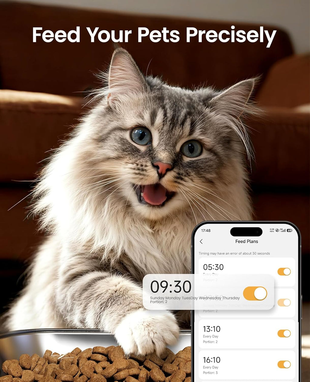 oneisall Automatic Cat Feeder with 5G WiFi, Automatic Cat Food Dispenser for 2 Cats Small Pets, 20 Cups/5L Timed Dry Food Dispenser with App Control