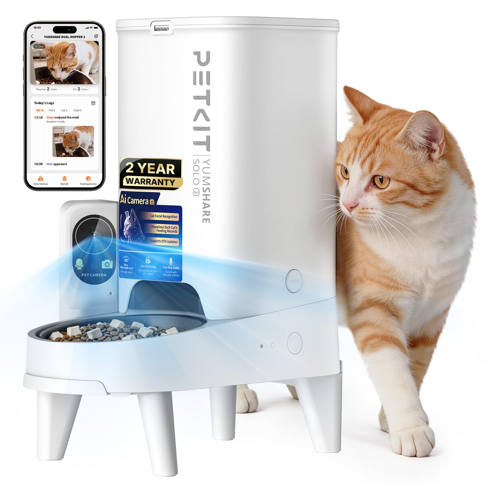 PETKIT Automatic Cat Feeder with Camera, Upgraded Multi-Cat Recognition, Night Vision,2.4G&5G WiFi Dog Feeder with Freshness Lock,5L Timed Dual Hopper Food Dispenser with Low Food Sensor