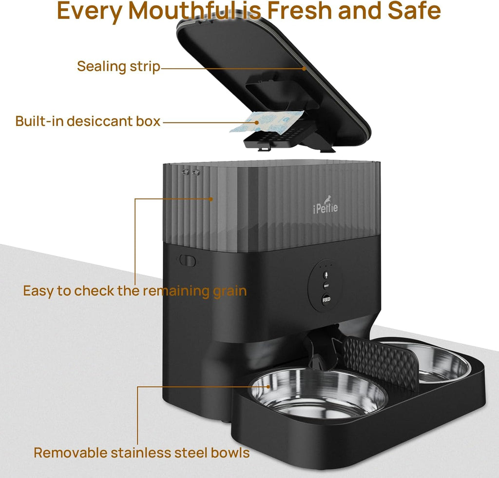 iPettie W5 Automatic WiFi Pet Feeder for 2 Pets, 5L Capacity, 2.4G WiFi App Control for Cats and Small Dogs