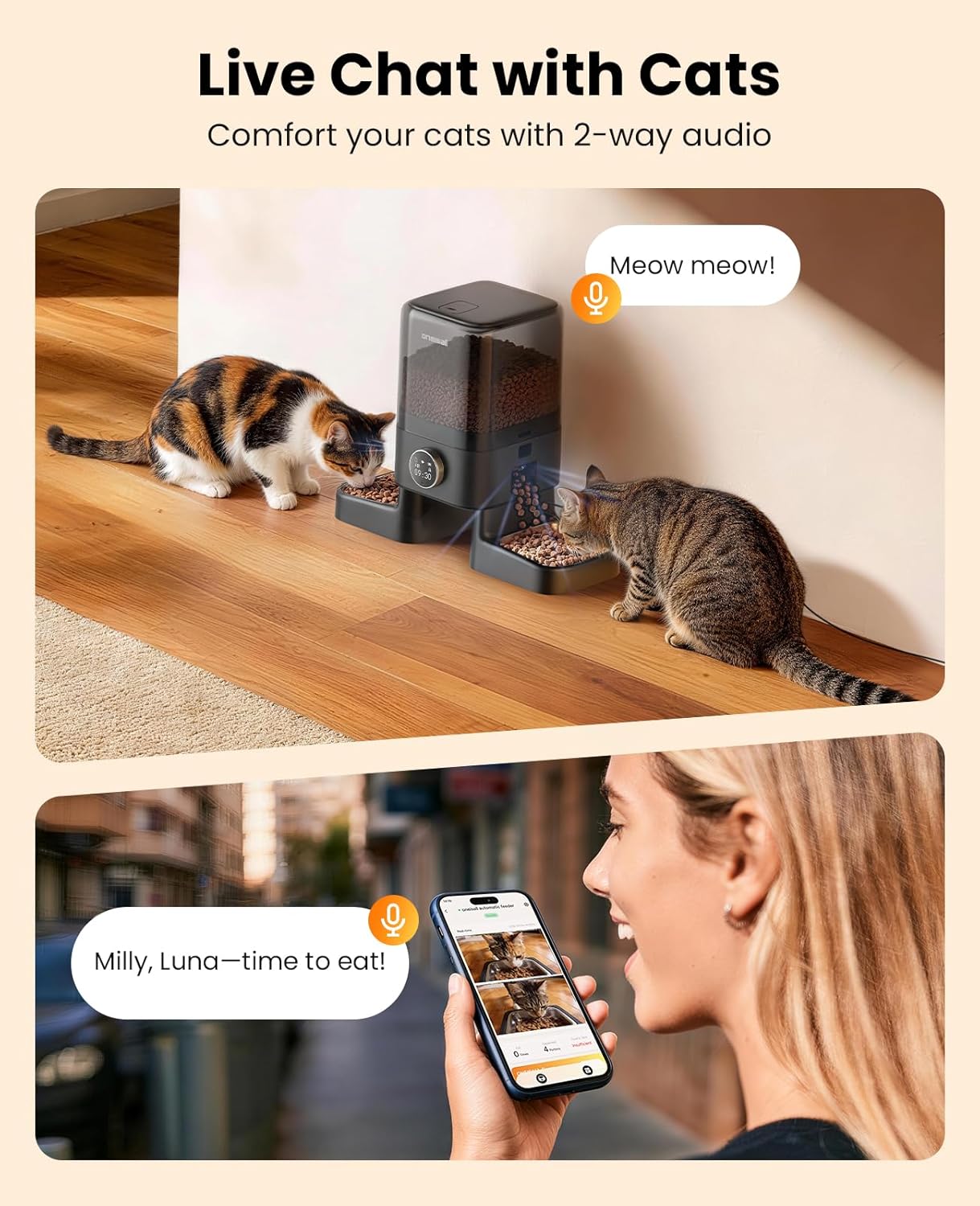oneisall Automatic Cat Feeder with Camera for 2 Cats, 1080P HD Night Vision, 20 Cups/5L Cat Feeder Automatic, 2-Way Audio, Motion-Activated Alerts, 5G WiFi APP Remote Control Pet Feeder