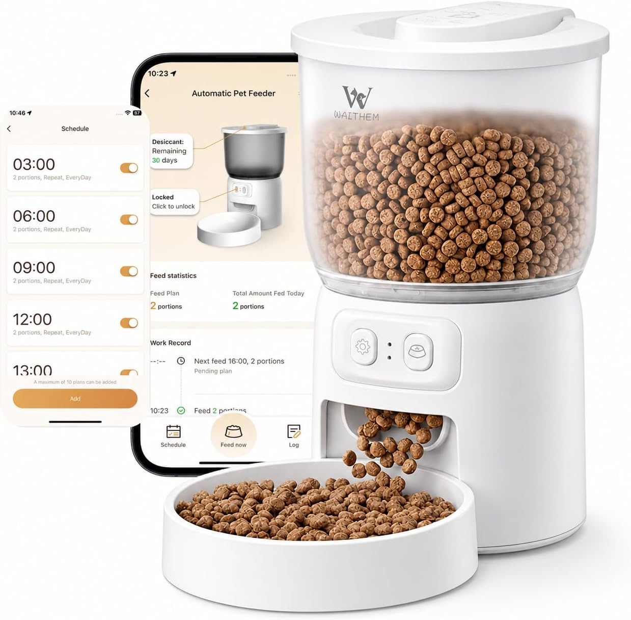Waithem Wi-Fi Automatic Pet Feeder for Cats&Dogs, Timed Dry Food Dispenser with App Programmable Portion Control, Up to 10 Meals Per Day, Dual Power Supply, 5G/2.4G WLAN, Desiccant Bag Included