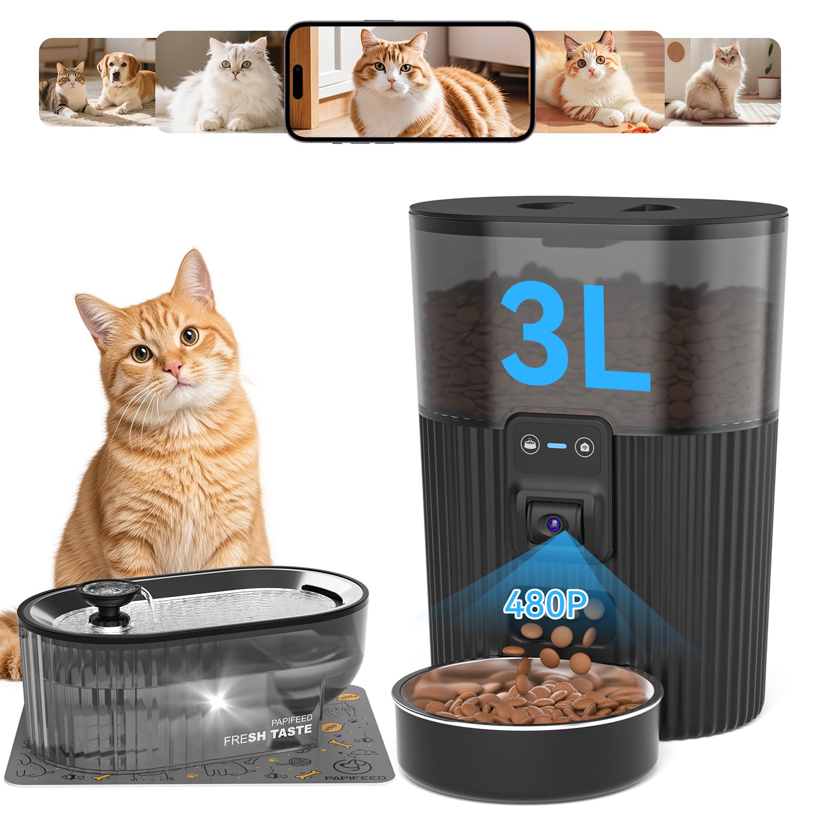 PAPIFEED Automatic Cat Feeder with Camera, 3L Cat Food Dispenser with App, 2.4G WiFi Timed Cat Feeder for Dry Food, 2-Way Audio, Smart Pet Feeder for Small Dog, 10 Meals/Day, 6 Portions/Meal