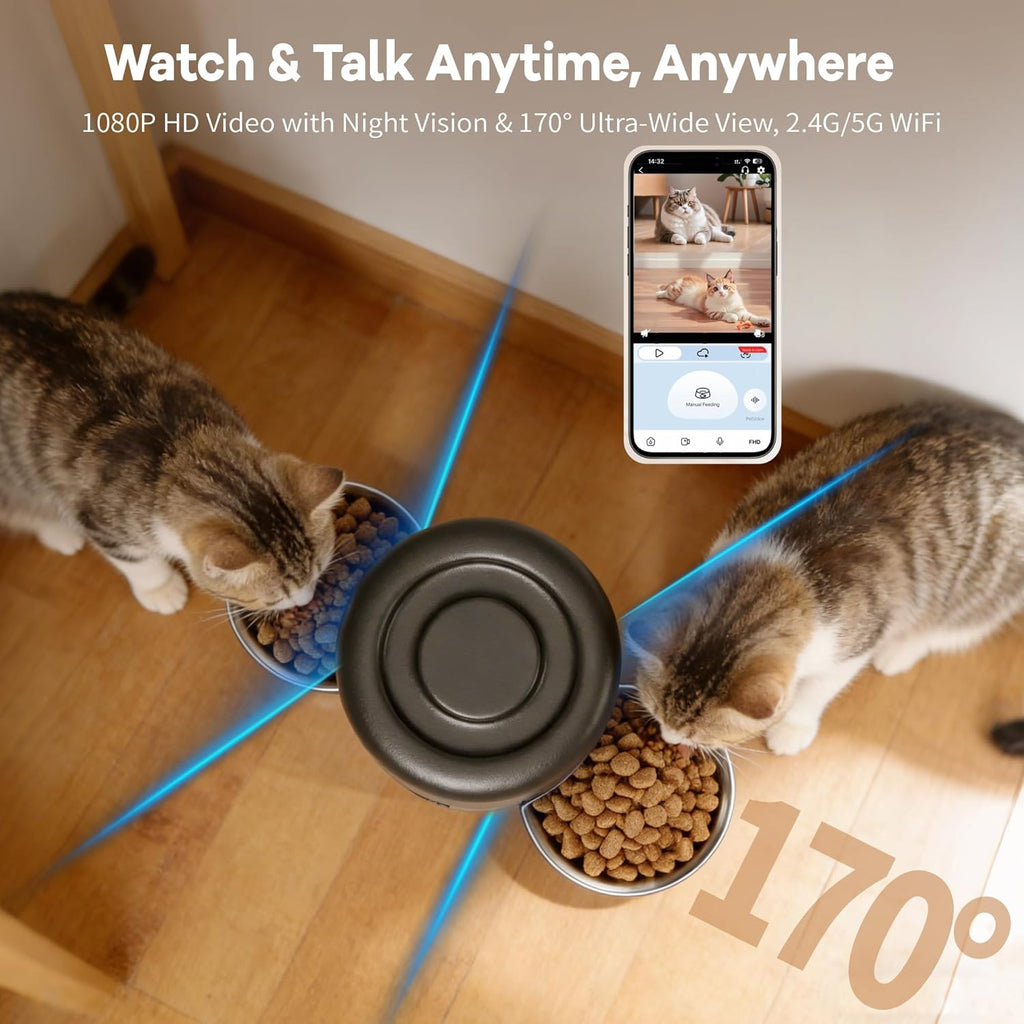 Automatic Cat Feeder with Camera, 5.2L Smart Cat Food Dispenser for Multi-Pet Homes, 170° Wide Angle Night Vision Auto Cat Feeder for Cats and Dogs, 5G WiFi App Remote Control for Busy Families, White