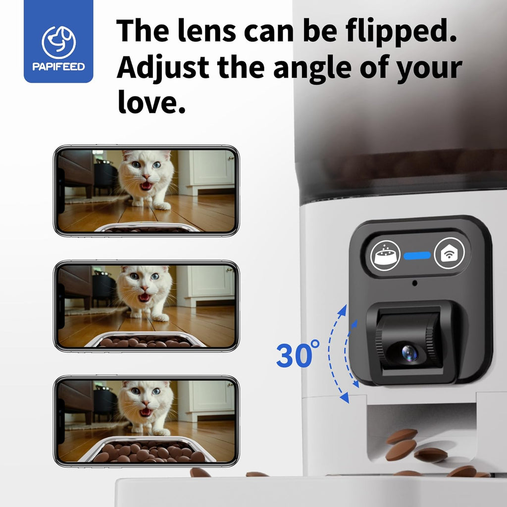 PAPIFEED Automatic Cat Feeder with Camera, ‌Adjustable Angle 2.4G WiFi/App Pet Food Dispenser, 6L Timed Dispenser with Two-Way Audio, Auto Pet Feeder with Mat for Cat & Dog, 1-10 Meals Per Day