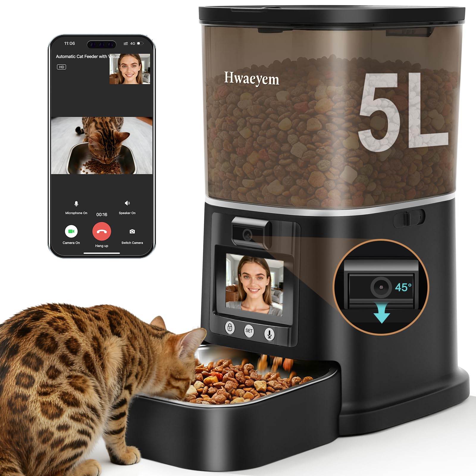 Automatic Cat Feeder with Camera, 5L/28 Cups WiFi Cat Auto Feeder with Two-Way Audio, App Control, Strong Anti-Jam System Smart Timed Cat Feeder with Night Vision for Small Pets Indoor