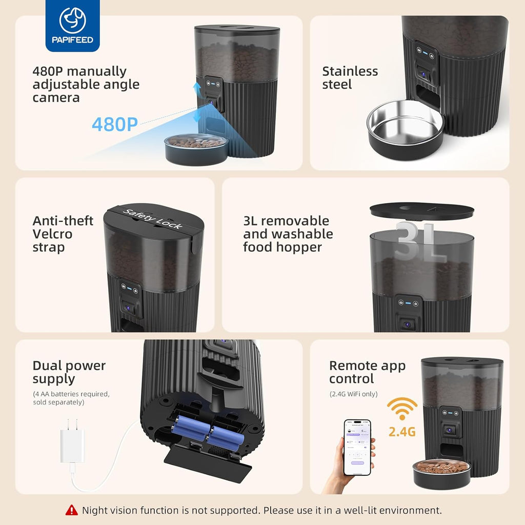PAPIFEED Automatic Cat Feeder with Camera, 3L Cat Food Dispenser with App, 2.4G WiFi Timed Cat Feeder for Dry Food, 2-Way Audio, Smart Pet Feeder for Small Dog, 10 Meals/Day, 6 Portions/Meal
