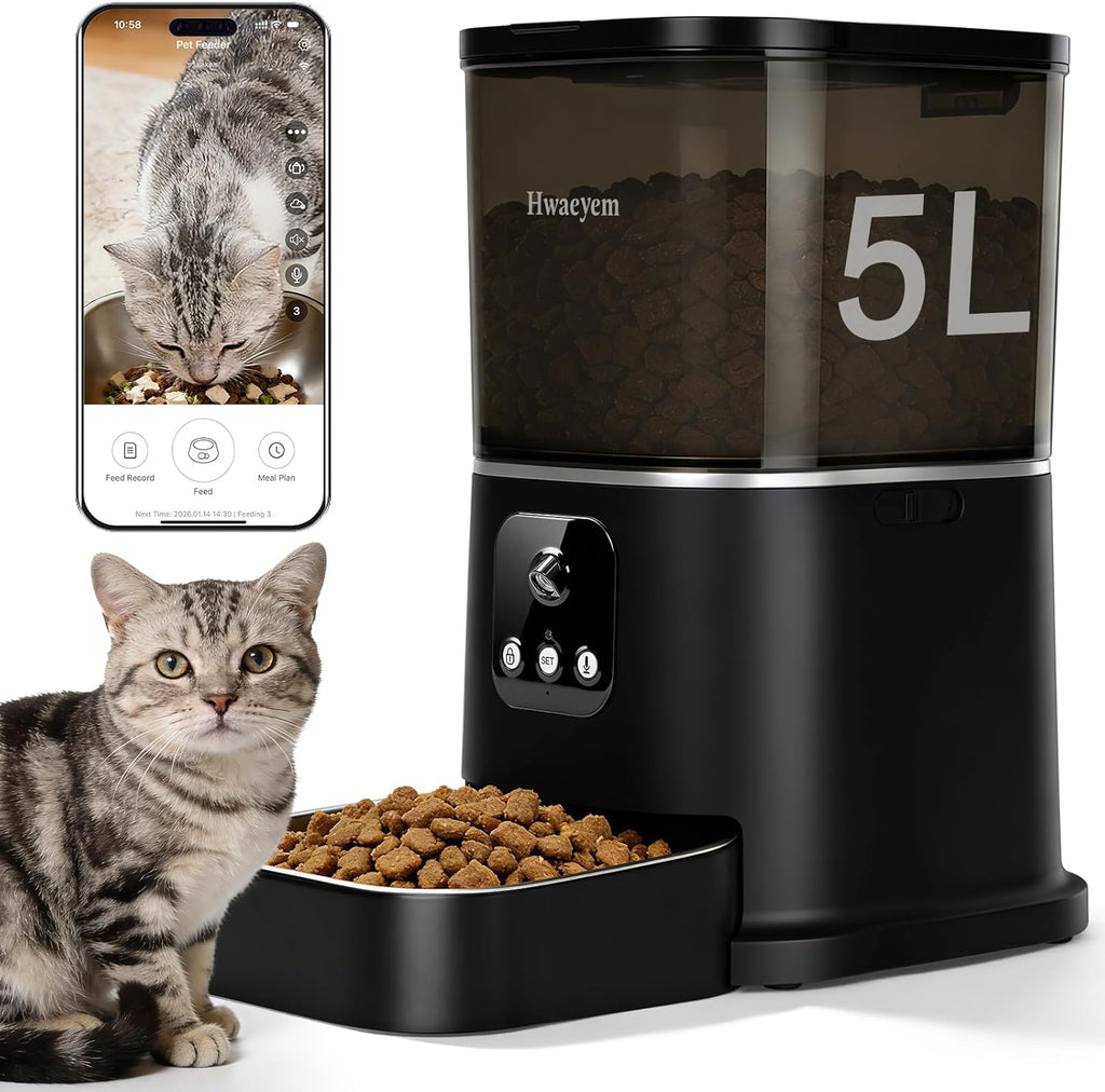 Automatic Cat Feeder with Camera, 5L/28 Cups WiFi Cat Auto Feeder with Two-Way Audio, App Control, Strong Anti-Jam System Smart Timed Cat Feeder with Night Vision for Small Pets Indoor