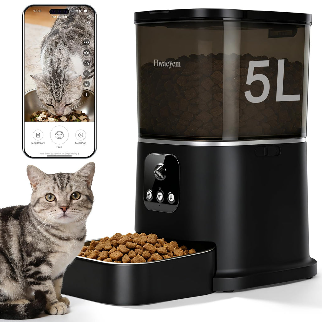Automatic Cat Feeder with Camera, 5L/28 Cups WiFi Cat Auto Feeder with Two-Way Audio, App Control, Strong Anti-Jam System Smart Timed Cat Feeder with Night Vision for Small Pets Indoor