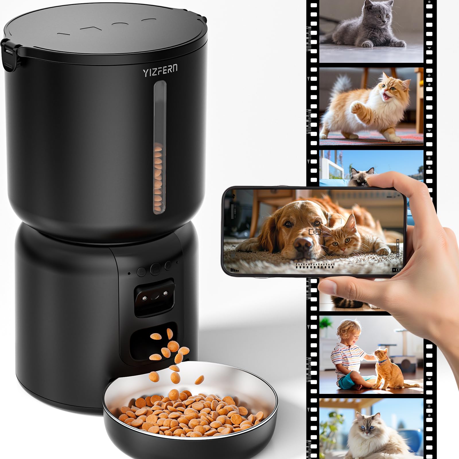 Automatic Cat Feeder with Camera, 4L Automatic Pet Feeder, Dual Power Supply, Smart Cat Food Dispenser with 2MP Night Vision & Two-Way Audio for Cats and Small Dogs, White
