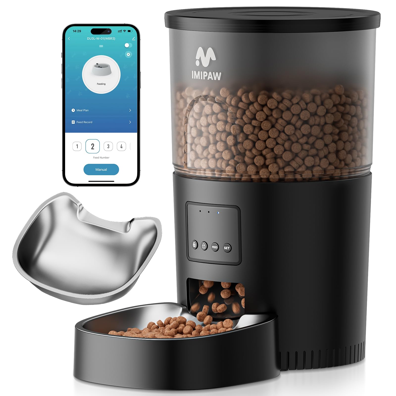 IMIPAW Automatic Cat Feeder with Camera - AI Pet Recognition & Recording, Night Vision, 5G WiFi APP Remote Control, Two-Way Audio & Desiccant Bag, Timed Programmable Food Dispenser for Small Pets