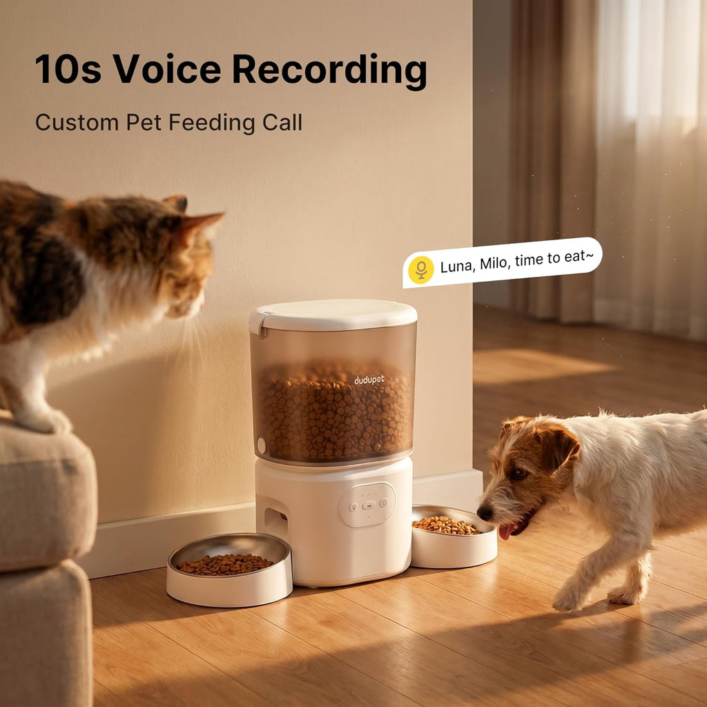 Automatic Cat Feeder with Dual Bowls, WiFi APP Remote Control Timed Dispenser, Anti-Jam 5L Large Capacity, Easy to Clean, 10S Voice Recording, Desiccant Pack for Dry Food