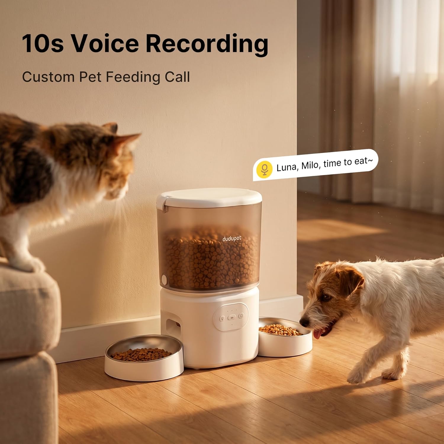 Automatic Cat Feeder with Dual Bowls, WiFi APP Remote Control Timed Dispenser, Anti-Jam 5L Large Capacity, Easy to Clean, 10S Voice Recording, Desiccant Pack for Dry Food