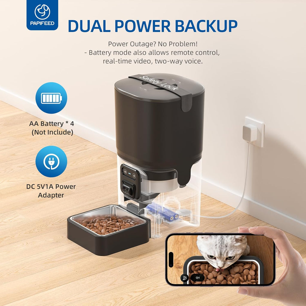 PAPIFEED Automatic Cat Feeder with Camera, 6L Cat Food Dispenser with App, 2.4G WiFi Timed Cat Feeder for Dry Food, 2-Way Audio, Smart Pet Feeder for Small Dog, 10 Meals/Day, 12 Portions/Meal