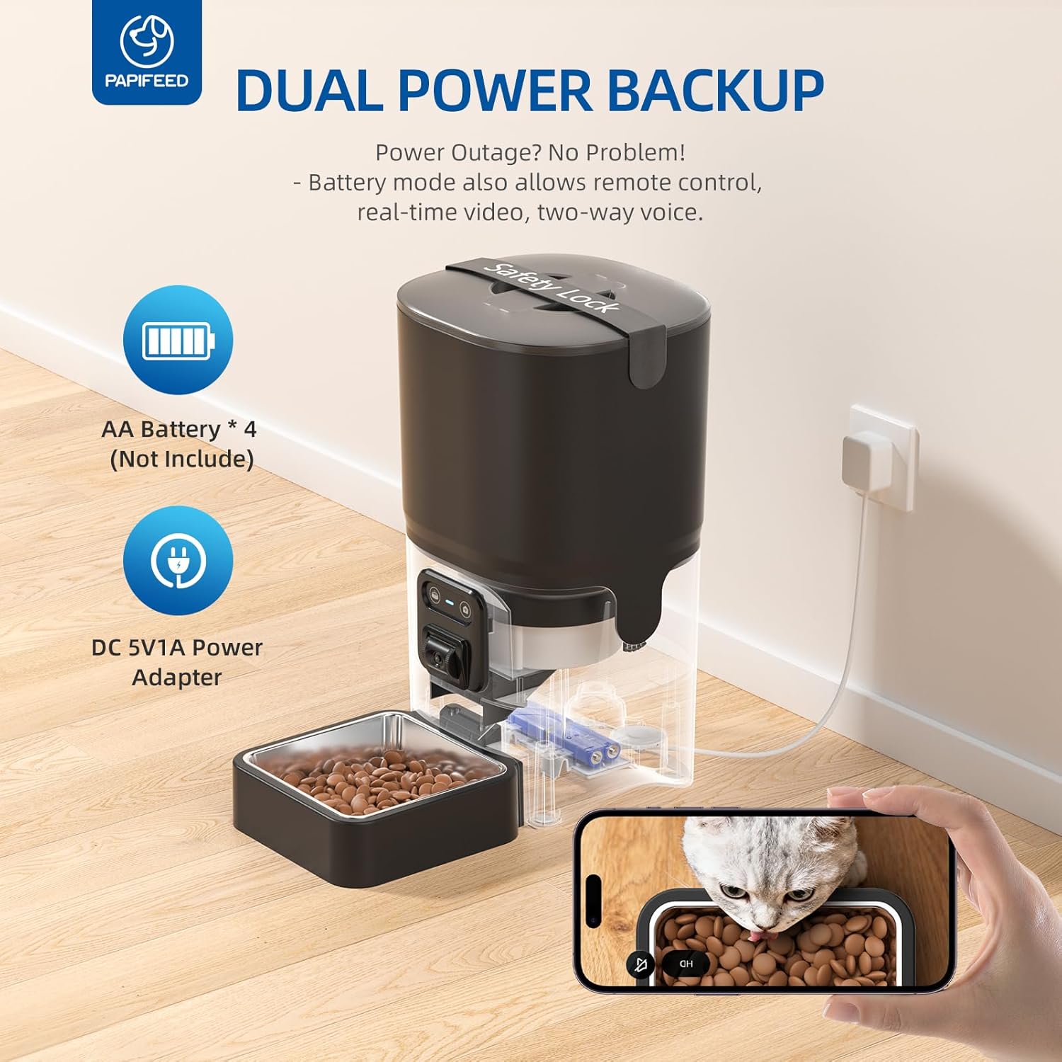 PAPIFEED Automatic Cat Feeder with Camera, 6L Cat Food Dispenser with App, 2.4G WiFi Timed Cat Feeder for Dry Food, 2-Way Audio, Smart Pet Feeder for Small Dog, 10 Meals/Day, 12 Portions/Meal