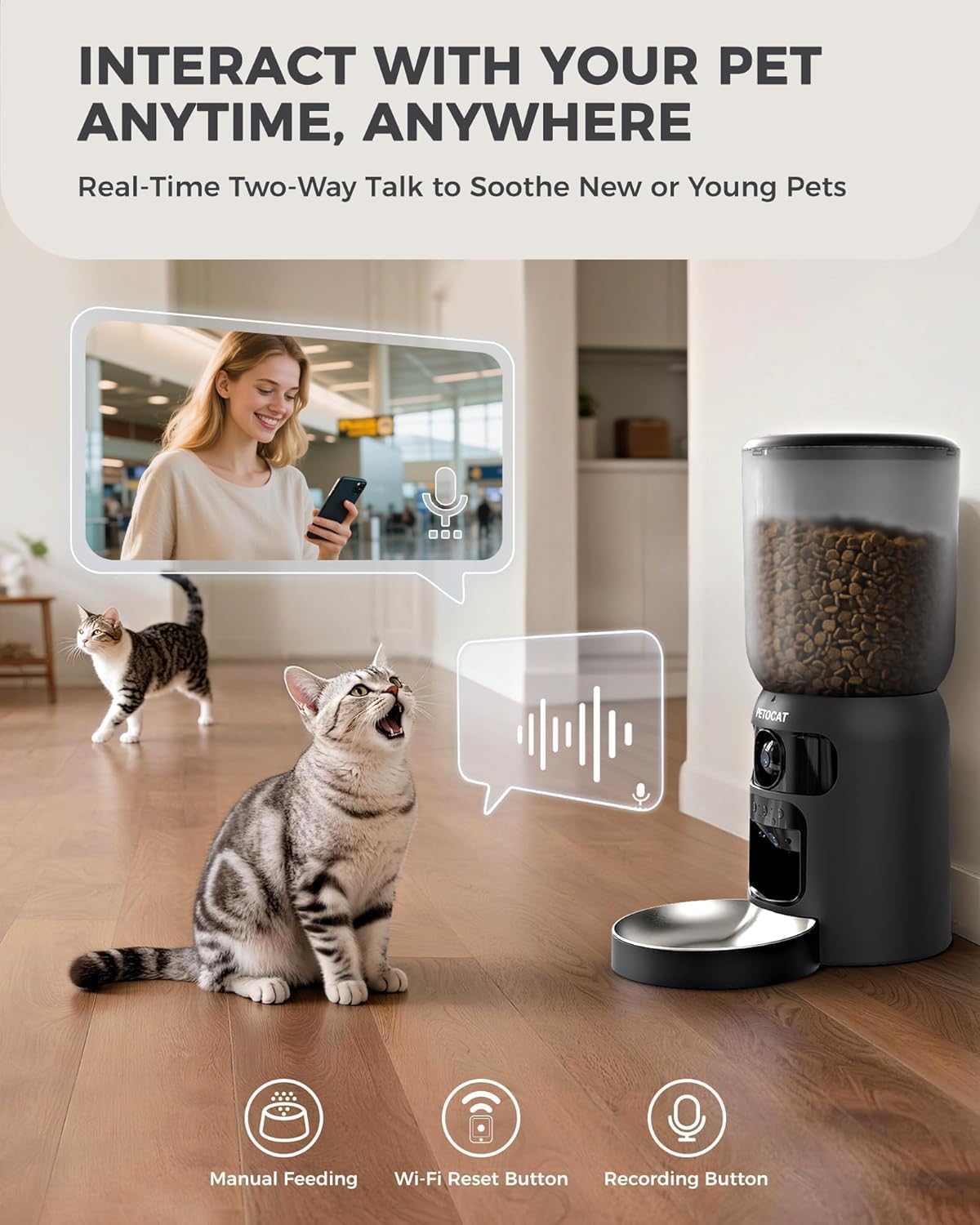 PETOCAT AI Automatic Cat Feeder with 2K HD Dual Cameras,5G&2.4G Wi-Fi 6L Cat Food Dispenser with Cats Recognition& Diet Tracking, Laser Interactive Toy & Two-Way Audio