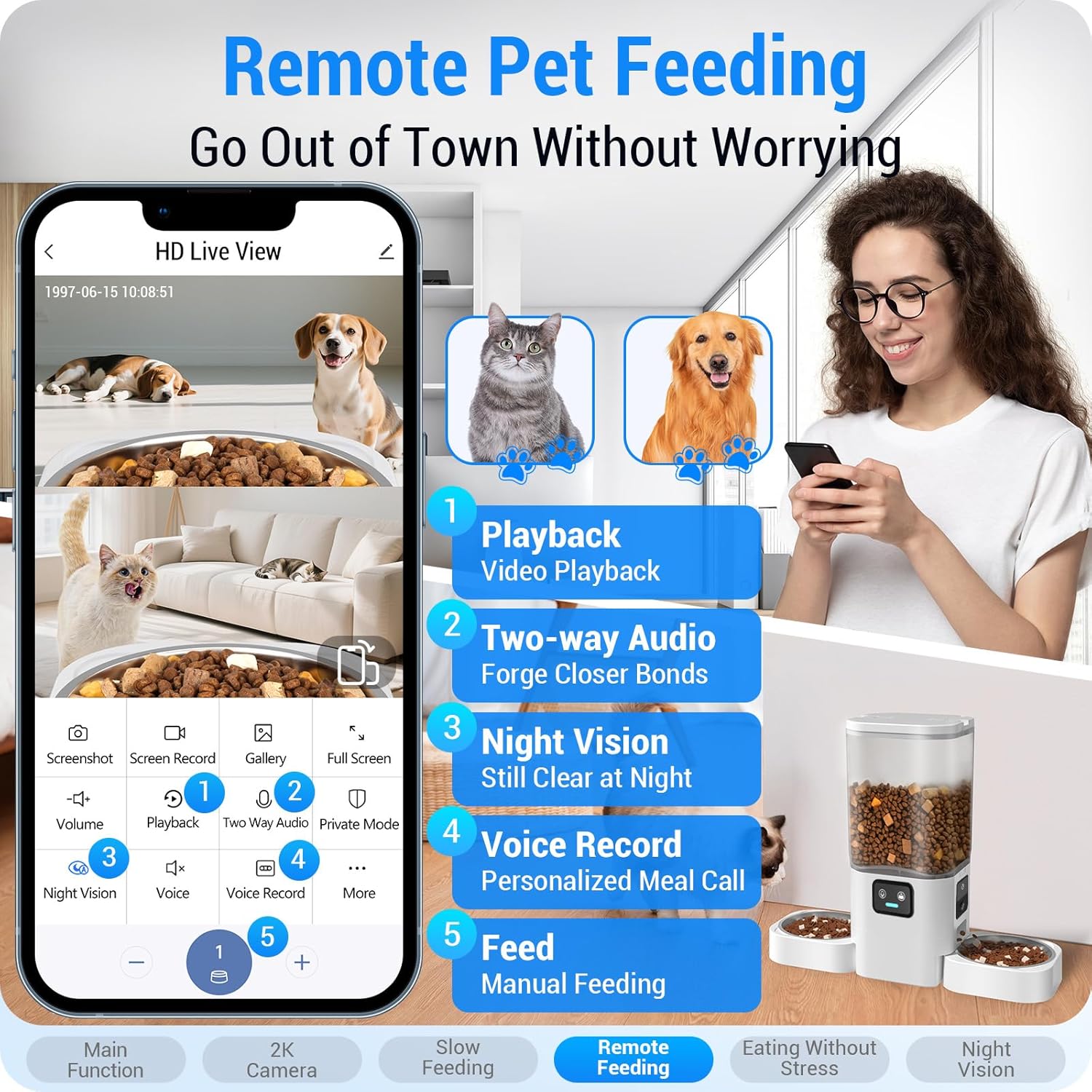 Frienhund 5G WiFi Automatic Cat Feeder with Two HD Camera: 7L Automatic Dog Feeder with Night Vision, Auto Cat Food Dispenser for Multiple Pet, Detachable for Easy Cleaning - 29 Cup