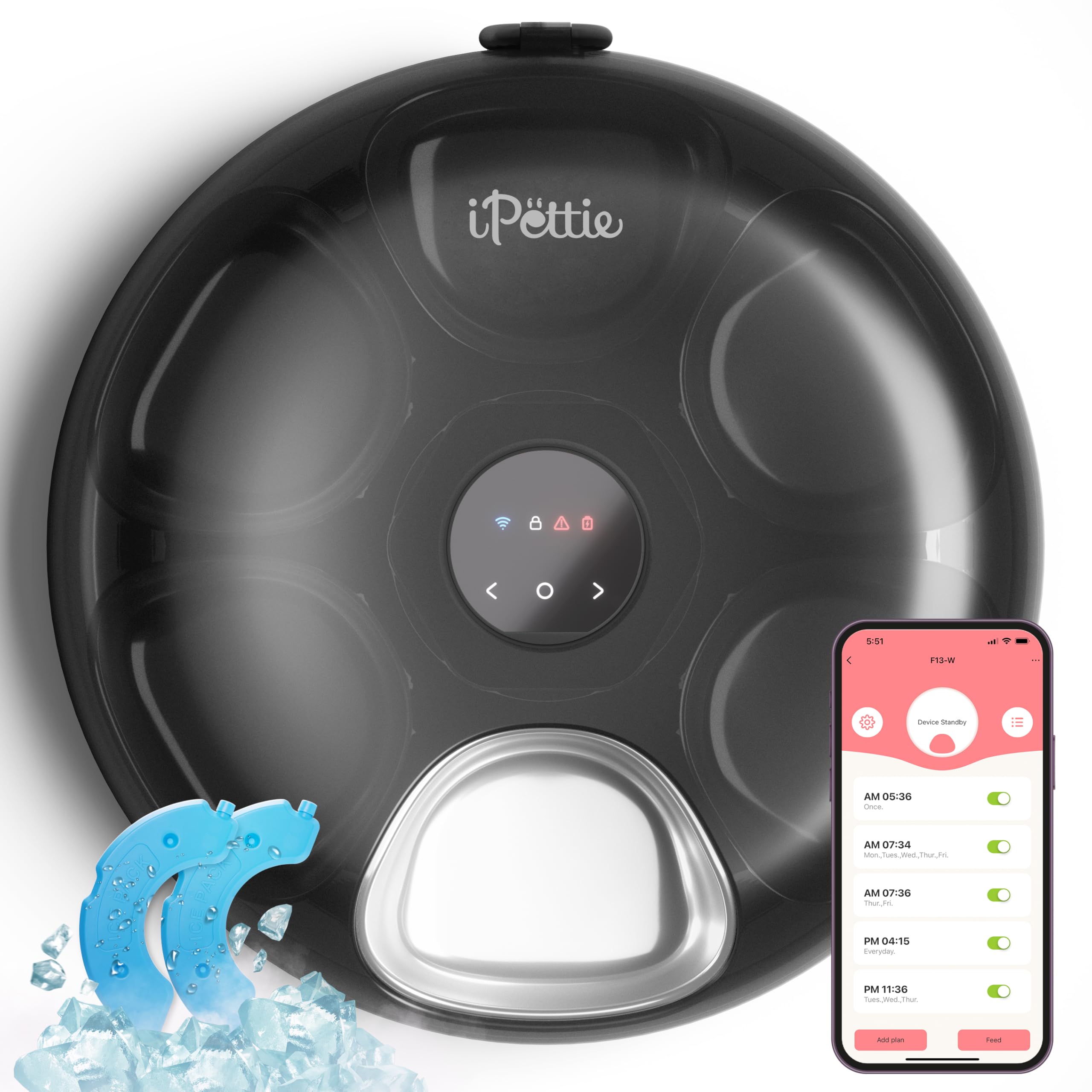 iPettie Donut Frost WiFi 6 Meal Automatic Cat Dispenser with App Control, Dry & Wet Food Automatic Cat Feeder, Smart Dog Feeder with Two Ice Packs, Programmable Timer, Holds 6 x ½ lb. of Food
