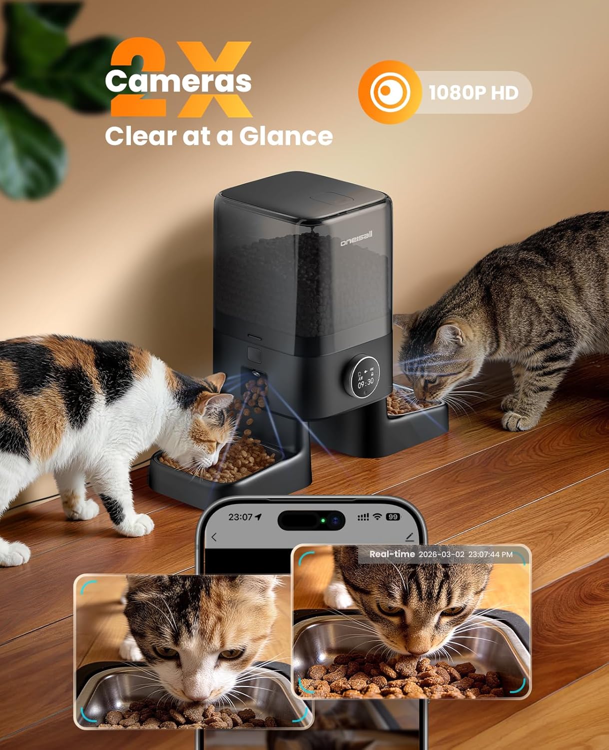 oneisall Automatic Cat Feeder with Camera for 2 Cats, 1080P HD Night Vision, 20 Cups/5L Cat Feeder Automatic, 2-Way Audio, Motion-Activated Alerts, 5G WiFi APP Remote Control Pet Feeder
