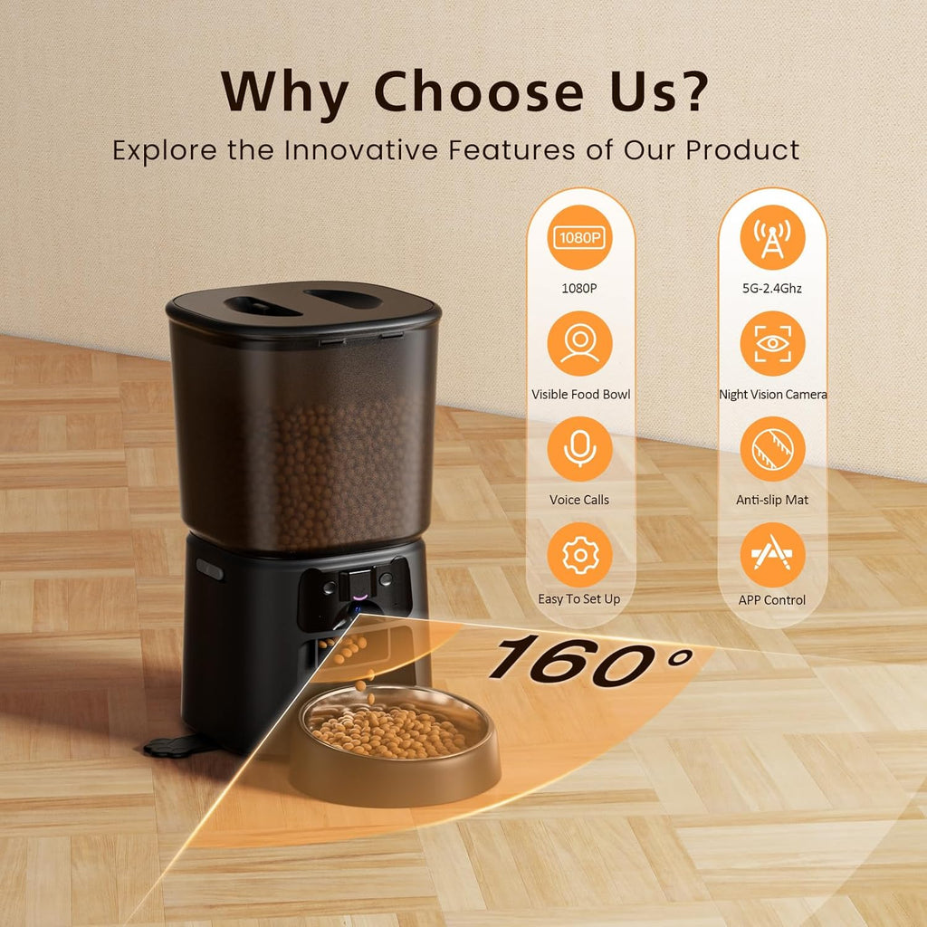 Automatic Cat Feeder with Camera, 4L WiFi Smart Pet Feeder with APP Control, 1080P HD Video,Night Vision,Voice Call, Motion Detection, Dual Power Supply, Supports 5GHz/2.4GHz,for Dogs Cats, Small-Pet