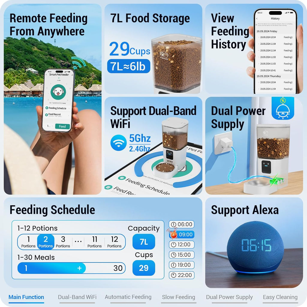 Automatic Cat Feeder with 5G WiFi: Automatic Dog Feeder with Slow Feed & Smart APP Control, 7L Timed Auto Cat Food Dispenser with Alexa for Pets, Detachable for Easy Cleaning - 29 Cups