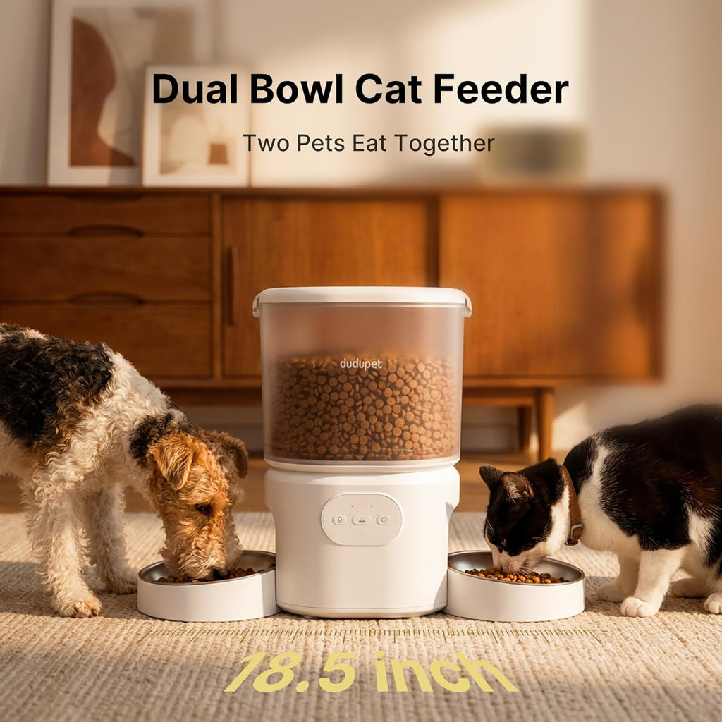 Automatic Cat Feeder with Dual Bowls, WiFi APP Remote Control Timed Dispenser, Anti-Jam 5L Large Capacity, Easy to Clean, 10S Voice Recording, Desiccant Pack for Dry Food