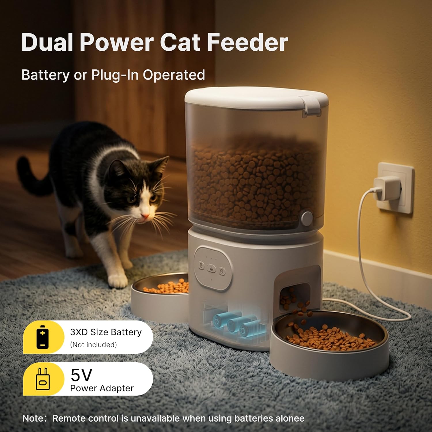 Automatic Cat Feeder with Dual Bowls, WiFi APP Remote Control Timed Dispenser, Anti-Jam 5L Large Capacity, Easy to Clean, 10S Voice Recording, Desiccant Pack for Dry Food
