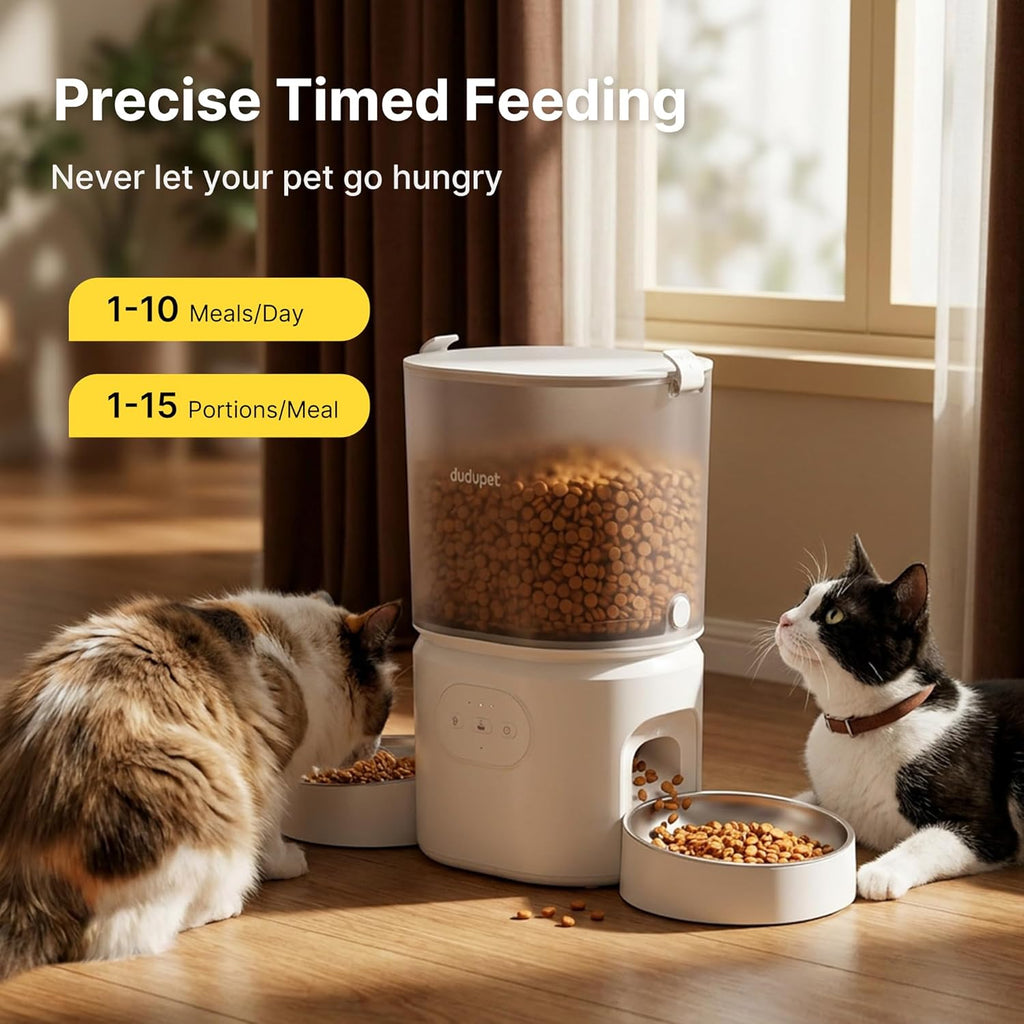 Automatic Cat Feeder with Dual Bowls, WiFi APP Remote Control Timed Dispenser, Anti-Jam 5L Large Capacity, Easy to Clean, 10S Voice Recording, Desiccant Pack for Dry Food