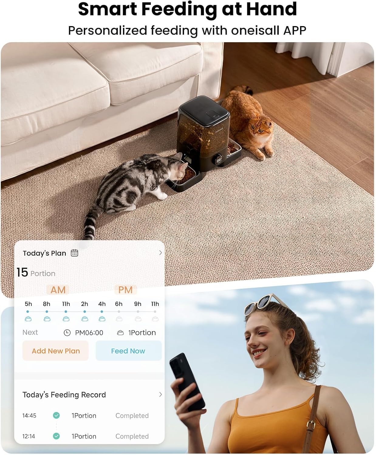 oneisall Cordless 2.4Ghz WiFi Automatic Cat Feeder for 2 Cats, Rechargeable 100-Day Battery Operated Auto Cat Feeder, 20 Cups/5L Timed Cats Food Dispenser Automatic for Large Kibble, Smart App Control